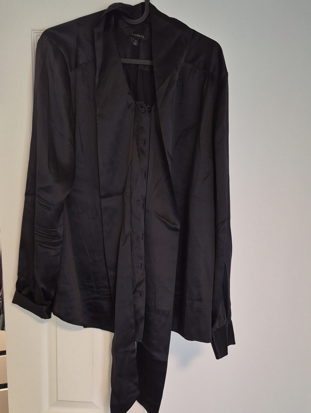 Talbots Black Satin Long-Sleeve Tie-Neck Blouse Size 14